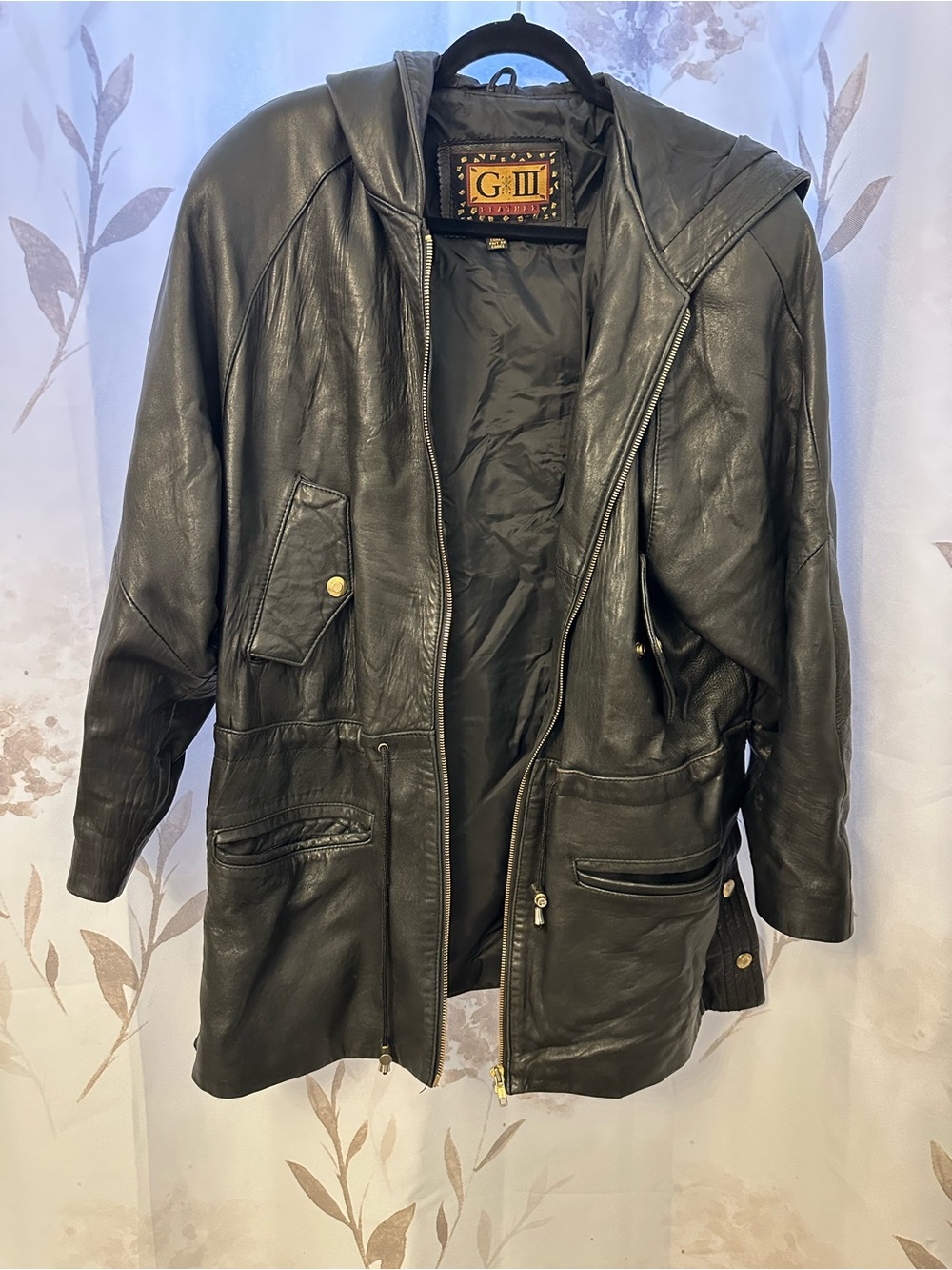 G 111 by Guess Black Leather Hooded Performance Jacket